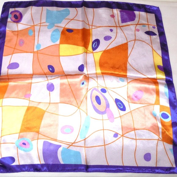 Vintage Scarf 19" Square Satin purple orange abstract print neckerchief retro - Picture 1 of 6